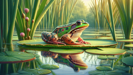 Frog on a lotus leaf in the pond. 3d illustrationの写真素材