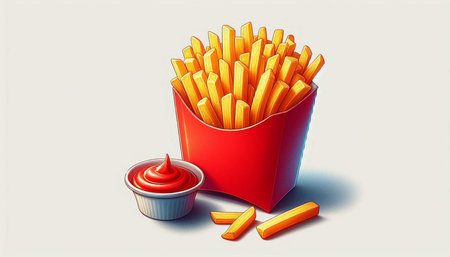 Illustration of french fries with ketchup on a white background.