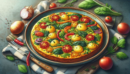 Omelette with spinach, cherry tomatoes and red onions. Italian cuisineの写真素材