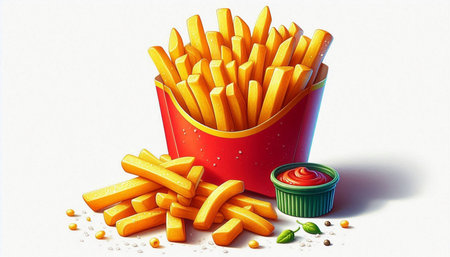 French fries with ketchup on white background. 3d illustration.