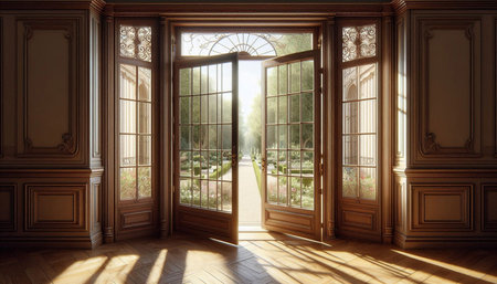 Interior of a classic room with large windows and doors. 3d render