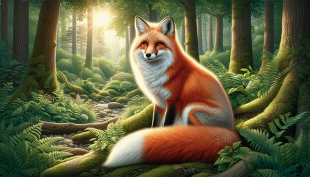 Red fox sitting in the forest at sunset. 3D illustration.
