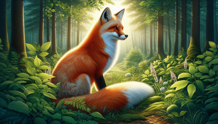 Red fox in the forest. 3D render. Vector illustration.