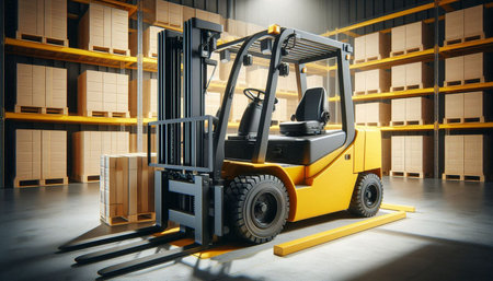 Forklift loader in warehouse. Industrial background. 3D rendering