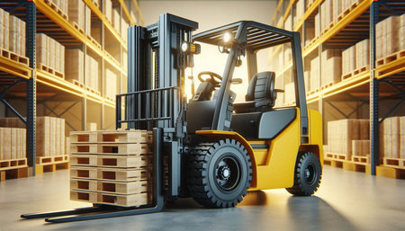 Forklift loader with wooden pallets in warehouse. 3D rendering