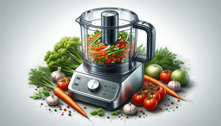 Vegetable blender with fresh vegetables and spices on white background.