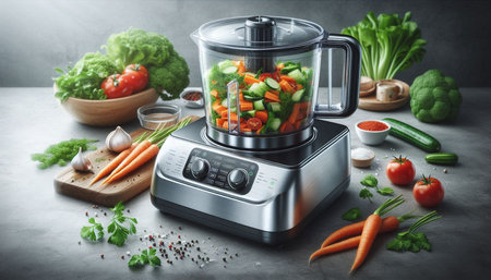 Vegetable blender with ingredients on kitchen table. Healthy food concept