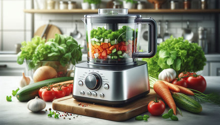 Electric blender with fresh vegetables on table in kitchen. Cooking smoothie