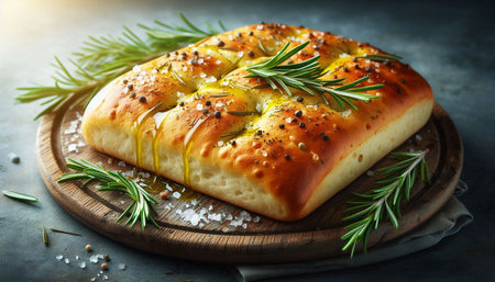 Homemade cheese pie with rosemary and olive oil on dark backgroundの写真素材