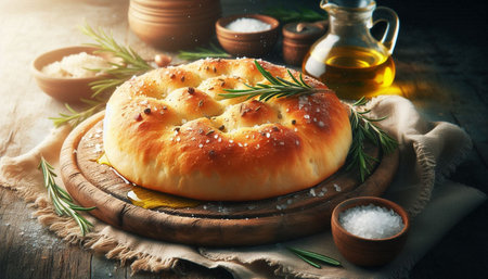 Baked round bread with rosemary and spices on a wooden board