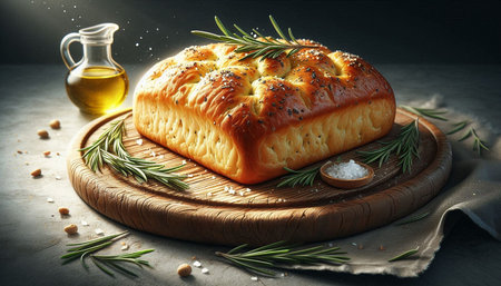 Freshly baked bread with sesame seeds and rosemary on wooden board