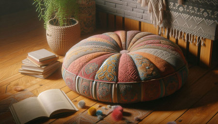 Pillow and book on the wooden floor in the living room