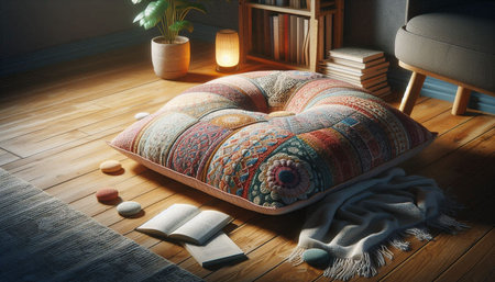 Interior of cozy living room with comfortable pillows on wooden floor