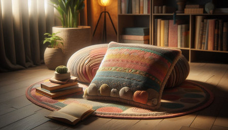 Comfortable pillows and books on floor in living room at night
