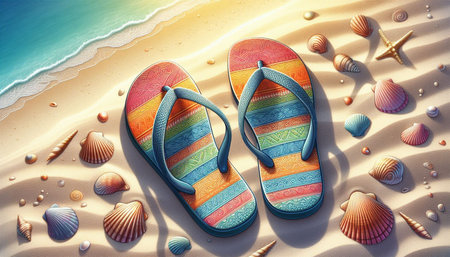 Colorful flip flops and seashells on the sandy beach