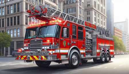 Modern firetruck on the street. 3D rendering. High resolution image.