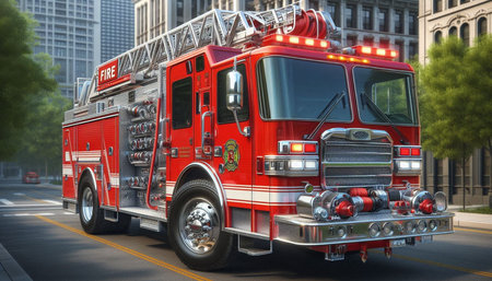 Fire engine on the road. 3D rendering. High resolution image.
