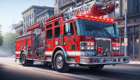 Modern fire engine in the city. 3D illustration. Copy space.