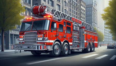 Fire engine in the city. 3D rendering. Computer digital drawing.