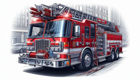 Illustration of a firetruck on the background of the city
