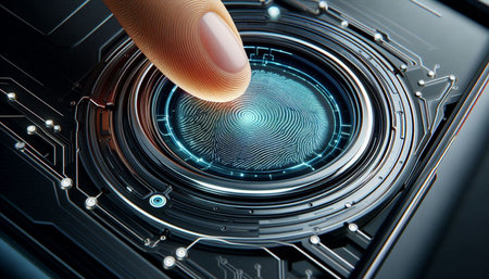 Finger touching fingerprint on black computer circuit board. 3D rendering