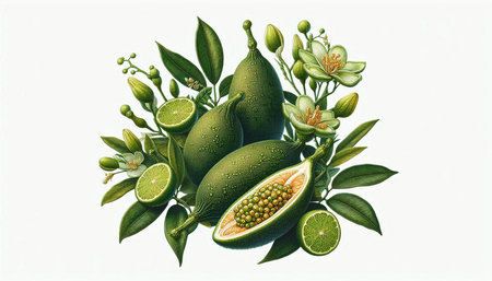 Fruits of lime and lemon with leaves and flowers on white background