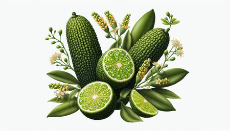 Lime with leaves and flowers isolated on white background. Vector illustration.