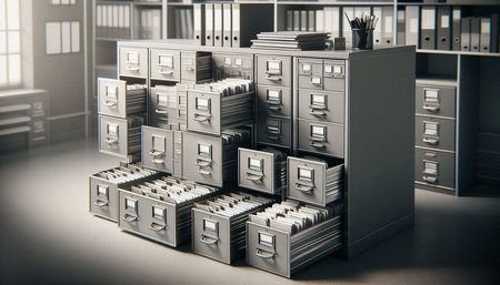 3D rendering of an open file cabinet in a modern office.