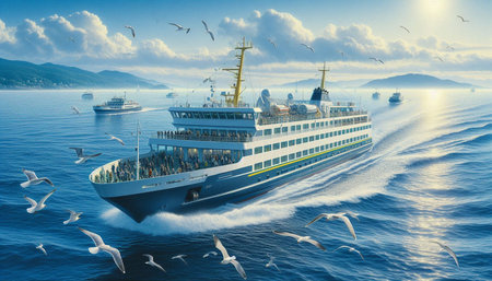 Cruise ship with seagulls in the sea. 3d renderingの写真素材