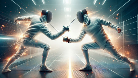 Two young men wearing fencing suits fighting with swords in futuristic interior. Mixed media