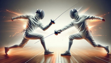 Two men wearing fencing suits fighting with swords in light room. Mixed media