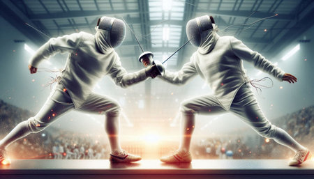 Two young women wearing fencing suits fighting with swords in arena. Mixed media
