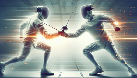Two young men wearing fencing suits fighting with swords on abstract background.