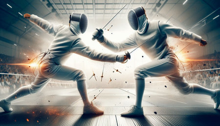 Two young men wearing fencing suits fighting with swords in arena. Mixed media