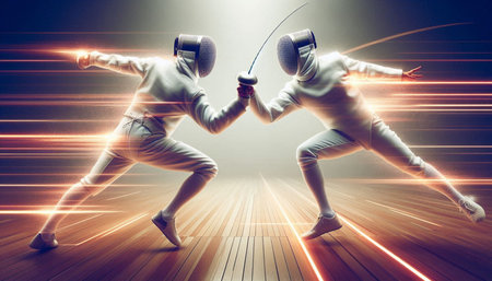 Two young men wearing fencing costume fighting with swords in light rays concept