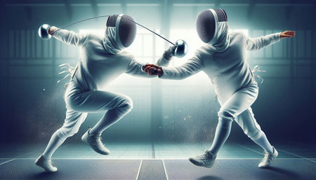 Two young men wearing fencing suits fighting with swords in futuristic room. Mixed media