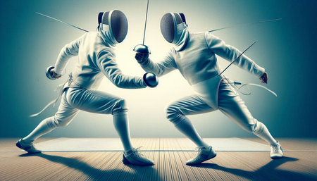 Two young male fencers in fencing suits fighting with swords on gray background