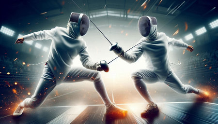 Two young men wearing fencing costume with swords in hands. Mixed media