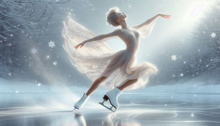 Beautiful young woman figure skating on ice in winter forest with falling snowの写真素材