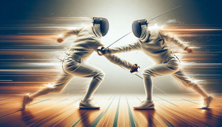 Two young women wearing fencing suits fighting with each other in an arena