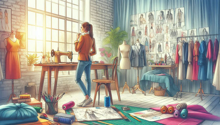 Fashion designer at work in her studio. 3D rendering.