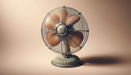Vintage metal fan on beige background, 3d render illustrationの写真素材