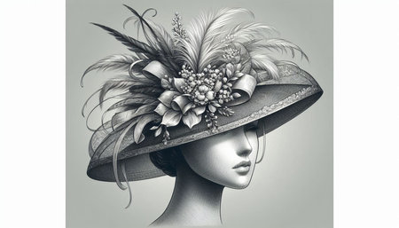 Fashion portrait of beautiful woman in hat with feathers and flowers.