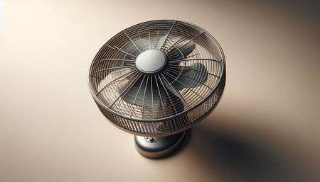 Modern electric fan on a beige background. The concept of heat and energyの写真素材