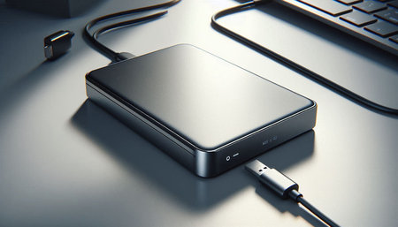 External hard drive with USB cable and laptop on table. 3d render