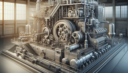 3d rendering of industrial equipment in a factory with pipes and valves