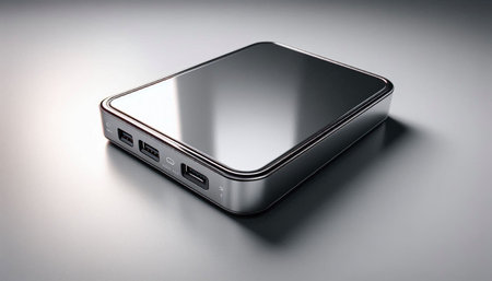 3d render of power bank on a gray background with reflection.