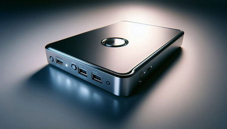 External hard drive on a gray background. 3D rendering. Illustration.