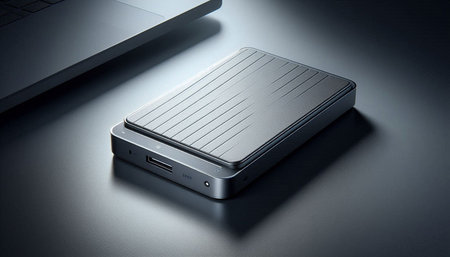 External hard drive with laptop computer on dark background. 3d rendering