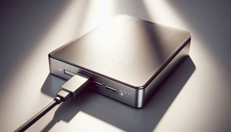External hard drive with USB cable in the light of the sun.